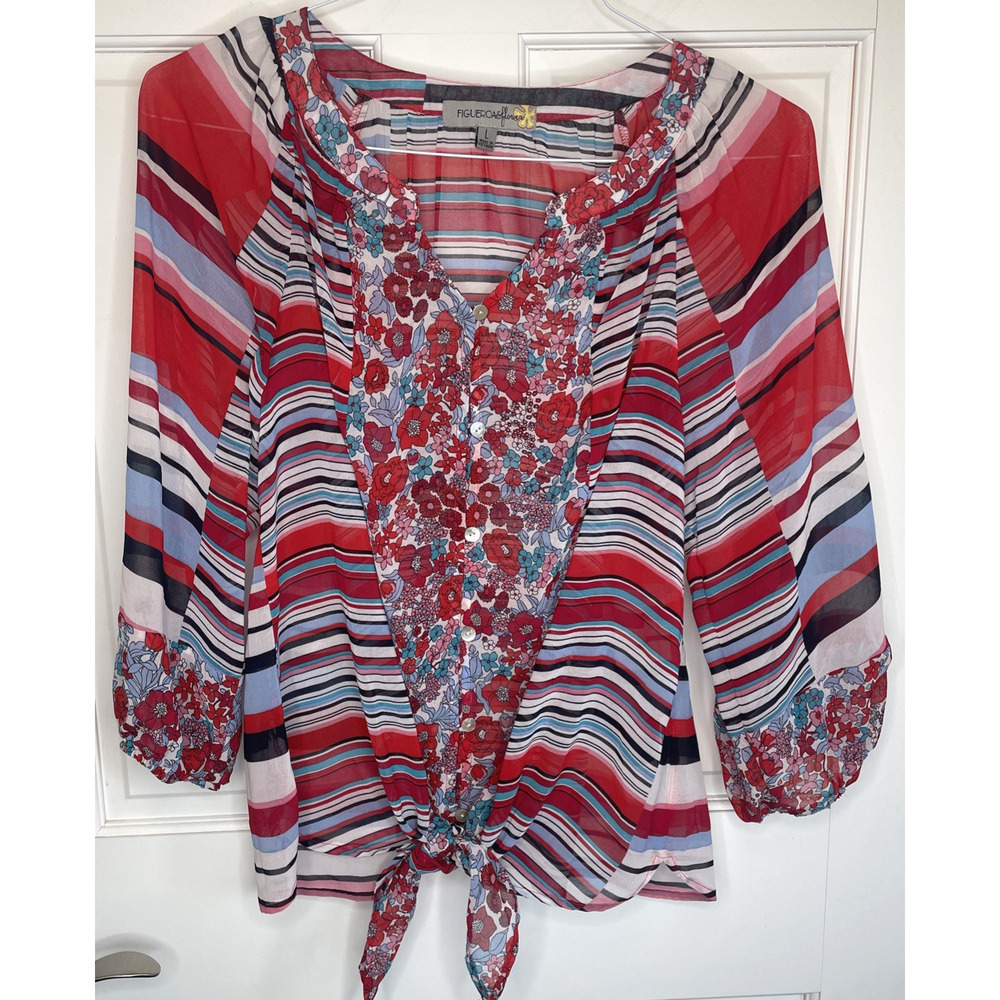 Figueroa & Flower Women's Tie Front Blouse Size L Button Down Preppy Coastal